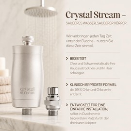 CrystalStream Shower Filter - Removes up to 99% Chlorine Compatible with All Shower Hoses and Taps Durable Aluminum with Swivel Adapter