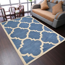 Hand Tufted Wool ECO-Friendly Area Rugs - 5'x8', Rectangle Shape, Blue & Beige, Geometric Modern Design, High Pile Handmade Anti Skid Area Rugs for Living Room, Bed Room (K00231)