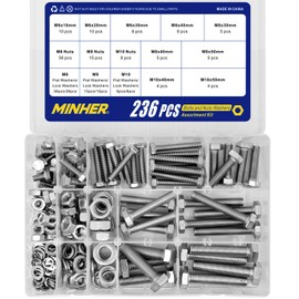 MINHER 236PCS M6 M8 M10 Heavy Duty Bolts and Nuts Assortment Kit 304 Stainless Steel(18-8) Hex Screws Nuts & Washers kit