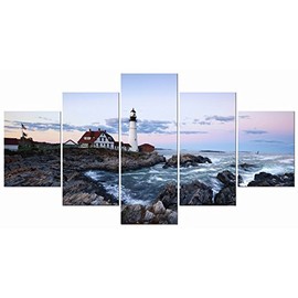 Wieco Art Large Canvas Prints Wall Art Portland Lighthouse Landscape Pictures to Photo Paintings for Kitchen Bathroom Home Decoration Wall Decor 5 Panels Modern Gallery Wrapped Seascape Giclee Artwork