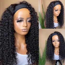 Headband Wig Deep Wave Human Hair 14Inch Machine Made Curly Headband Wigs Glueless None Lace Front Wigs for Black Women Deep Curly Half Wig 180% Density