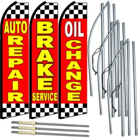 "Auto Repair/Brake Service/Oil Change" - 3 Pack of NEOPlex Swooper Feather Flag Sets - Includes 3 Swooper Feather Flags, 3 Flagpoles, and 3 Ground Spikes