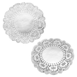 HARFINGTON 100pcs Lace Paper Doilies 5 Inch Silver Round Disposable Decorative Paper Placemats Hollow Flower Absorbing Papers for Cakes Desserts Food Decoration Wedding Birthday