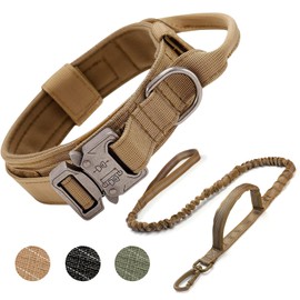 Ledeak Tactical Dog Collar, Padded Breathable Soft Nylon Pet Collar with Heavy-Duty Metal Buckle, Adjustable Basic Military Dog Collar with Handle for Medium Large Dogs (Dog Collar+Dog Leash Brown, L)