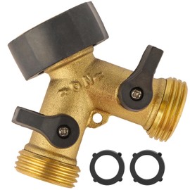 Garden Hose Splitter 2 Way Heavy Duty, Brass Faucet Adapter With Rubber Grip Handle For Gardening Water Hose Shut Off Valve Hose Connector Fittings Outdoor Water Spigot Hose Bib Y Splitter