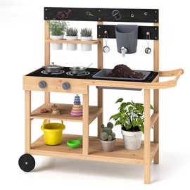 HONEY JOY Mud Kitchen with Wheels, Fir Wood Outside Play Kitchen for Toddlers, Realistic Faucet & Water Tank, Stoves, Sink, Storage Shelf, Planter Cups, Mud Table for Kids Outdoor Backyard