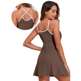 Aleumdr Athletic One Piece Swimsuits Tummy Control Tankini Bathing Suits for Women Ribbed Swimsuits Skirt Swimwear with Pocket Coffee Medium