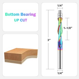 BINSTAK Upcut Spiral Flush Trim Router Bit 1/4 Shank Carbide Spiral Router Bits with Bottom Bearing Pattern Router Bit 1/4 Shank CNC Woodwork(1/4" SHK, Up-Cut)