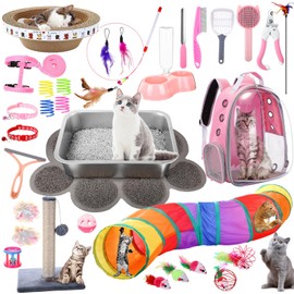PullCrease 31 Pcs Kitten Supplies Starter Kit Kitten Essentials Starter Kit Include Stainless Steel Cats Litter Box Backpack Cat Scratcher Kitten Toys Accessories for Kitten Welcome Gift Supplies