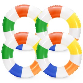 Whaline 4Pcs Rainbow Color Inflatable Swimming Float Toy Striped Swim Ring Fun Print Pool Lounger Tube for Teen Boy Girl Summer Swimming Beach Party, 22.8 Inch
