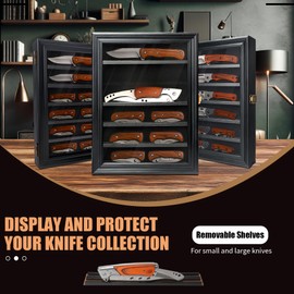 DecoWoodo Knife Display Case with HD Tempered Glass & Removable Shelves, Wall Mountable Wood Knife Shadow Box for Collections - 10.9"W x 13.8"H x 2.1"D, Black