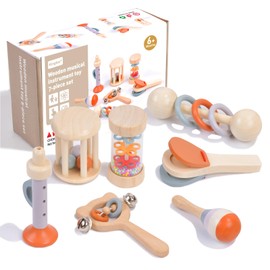 Kingbar 7-Piece Baby Musical Instruments Set, Montessori Percussion Instruments, Rainmaker, Maracas, Trumpet, Castanets, Cage Rattles, Musical Toy, 7 Pieces