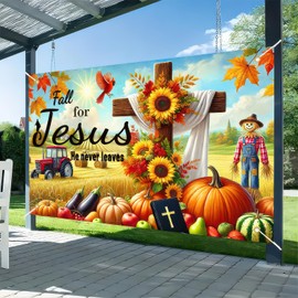 BlissYard Fall Thanksgiving Backdrop Banner 71x43 Inchs Fall for Jesus He Never Leaves Backdrop Autumn Pumpkin Sunflower Thanksgiving Party Supplies Banner Autumn Theme Outdoor Decor