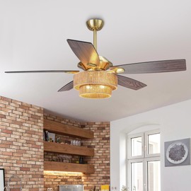 Vaczon 52" Farmhouse Ceiling Fan with Light and Remote Control, Boho Ceiling Fans with 6-Speed Reversible Motor, Timing Function, 5 Dual Finish Blades for Living Room, Bedroom, Patio
