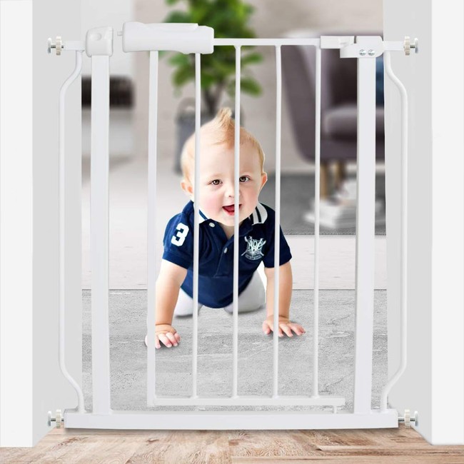 WAOWAO Narrow Baby Gate Easy Walk Thru Pressure Mount Auto Close White Metal Child Dog Pet Safety Gates 30.7in Tall for Stairs,Doorways,Kitchen and Living Room 24.02-29.13 in
