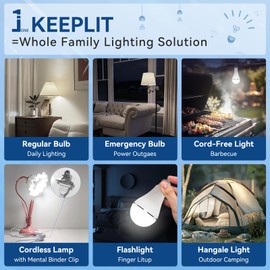 BoRccdit KeepLit 8PK Emergency Rechargeable Light Bulbs, 48H Battery Backup, 3 Brightness Levels, 12W 65W Equivalent A19 LED Bulbs Auto-On During Power Outage, for Hurricane, Emergency Use (Daylight)