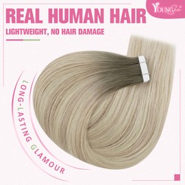 YoungSee Balayage Tape in Hair Extensions Human Hair Ash Blonde with Platinum Blonde Balayage Tape Hair Extensions Natural Human Hair for Women 16In 50G 20Pcs