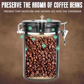 Royouzi Coffee Canisters, Coffee Canister, Airtight, 1.8 L/1800 ml, Stainless Steel, Coffee Beans Container with Scoop, Vacuum Coffee Beans Storage Container - Black