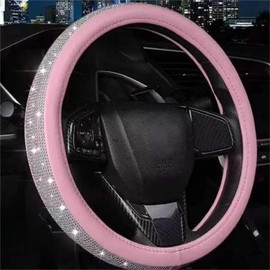 Steering Wheel Cover Women Pink Bling Diamond Steering Wheel Cover, Leather Cute Steering Wheel Covers with Crystal Rhinestones, Breathable, Anti-Slip Universal Fit 14.5-15 Inch Bling Car Accessories