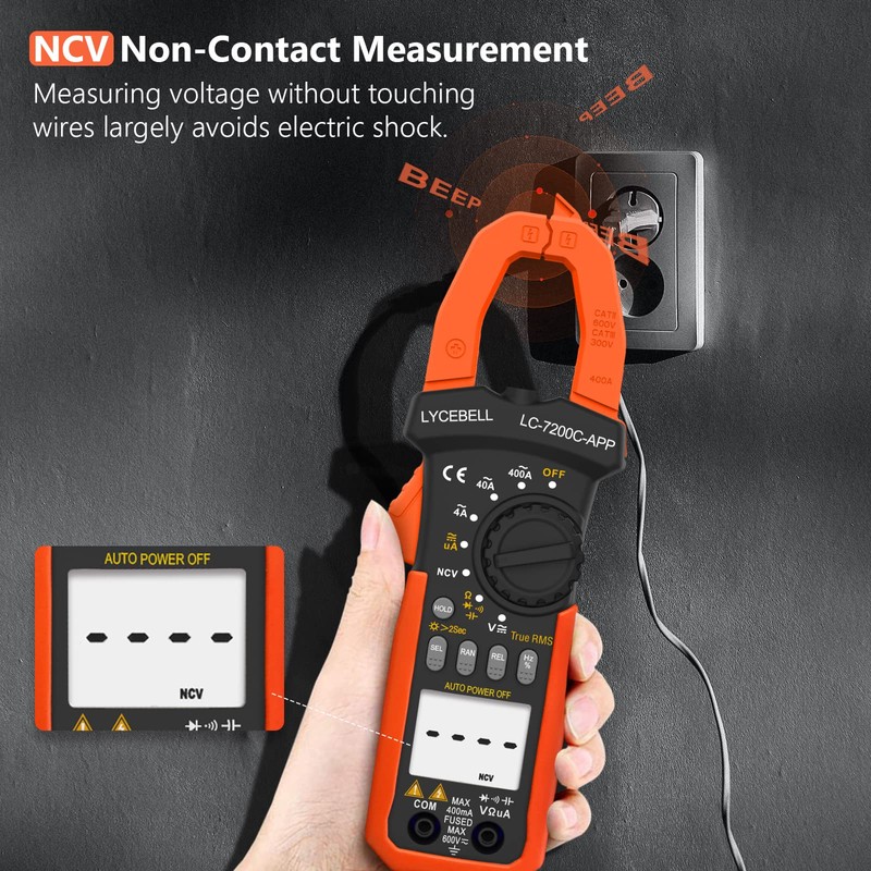 LYCEBELL Digital Clamp Meter, LC-7200C-APP True RMS Auto Range Professional