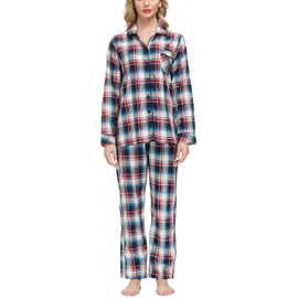 MoFiz Pajamas Set for Women Long Sleeve Breathable Cotton Plaid Button Classic Suits,Large