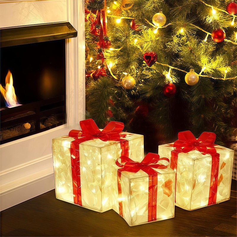 Set of 3 LED Lighted Boxes with Red Bows, Warm