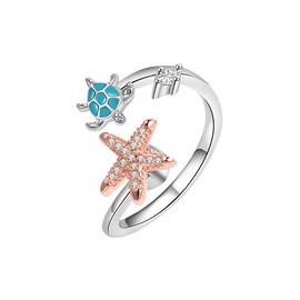 LUTAKU Fidget Ring,Sea Turtle and Starfish Anxiety Ring for Women,Stress Reliever Spinner Rings, Adjustable Open Ring,Fidget Jewelry for Women Daughter (silver)