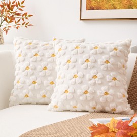 Kevin Textile Autumn Flowers Decorative Throw Pillow Covers 18x18 Inch Set of 2 Luxury Soft Fall Decorative Lumbar Pillowcases for Holiday Spring Soft Couch, Cream White