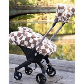 7AM Enfant Stroller Warmmuffs Gloves - Anti-Freeze Stroller Mittens for Handlebars, Water Repellent Hand Warmer Muff for Cold Weather, Plush Lined (Print Checkers Tan)