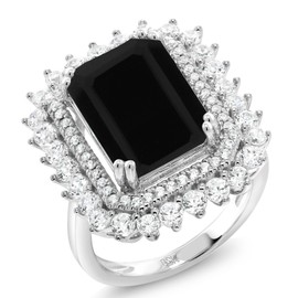 Gem Stone King 5.60 Cttw Black Onyx Ring For Women | 925 Sterling Silver | Emerald Cut 14X10MM | Gemstone Birthstone | Available In Size 5, 6, 7, 8, 9