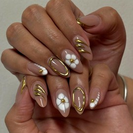 MERVF Press on Nails Medium Almond Gold 3D French Tip Fake Nails Glue ons Acrylic Nail with Flower Design Glossy 24pcs