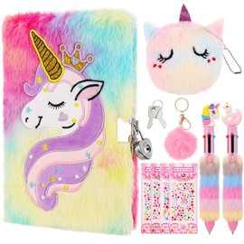 Unicorn Diary with Lock Key Fluffy Secret Notebook Travel Journal With Wallet Pen Stickers Bracelet Fluffy Keyring, Unicorn Toys Gifts for Girls Kids Birthday Christmas