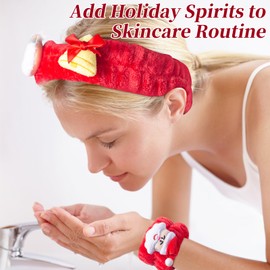 3pcs Christmas Skincare Headband and Wristband Set, Spa Headband for Washing Face, Makeup, Spa - Red Headband with Santa Claus Design Christmas Headbands for Women Christmas Hair Accessories Gifts