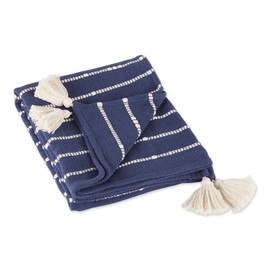 DII Striped Throw Collection Cotton Slub, Hand-Tied Tassels, 50x70, French Blue & Off-White
