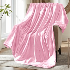 MILVOWOC Blush Pink Satin Throw Blanket - 60 x 80 Inches, Cooling Packable Lightweight Satin Blanket, Soft & Cozy Silky Throw Blanket for Couch Sofa Bed Outdoor Travel