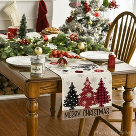 Artoid Mode Red Pine Trees Merry Christmas Table Runner, Winter Xmas Holiday Kitchen Dining Table Decoration for Home Party Decor 13x60 Inch