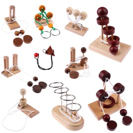 Oppaxf 10 PCS Wooden Rope Puzzle Set Brain Teasers Puzzles Mind Toys for Adults Boys Girls Wooden Threading Rope Loop Toy Mind Toys Educational Toy-s for Family Game Educational Challenge Party Favor