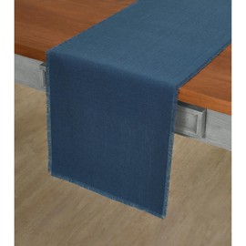 Solino Home Fringe Linen Table Runner 48 Inch – 100% Pure Linen Vintage Blue Short Table Runner 14 x 48 Inch Ideal for Dresser and Coffee Tables - Spring, Easter