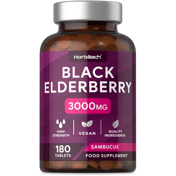 Elderberry Supplement 3000mg | Black Elderberry Extract Tablets | High Strength Sambucus Nigra | 180 Vegan Tablets | by Horbaach
