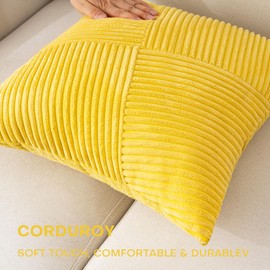 ZSkogur Decorative Throw Pillow Covers 18x18 Inch Set of 2 for Boho Living Room Farmhouse Home Decor, Spring Pillow Covers for Couch Bed, Soft Corduroy Striped Patchwork Cushion Cases, Yellow