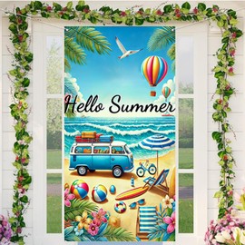 Hello Summer Door Cover Decorations 71x35 Inch Beach Train Adventure Summer Door Banner Backdrop for Front Door Summer Beach Pool Photo Background Holiday Party Supplies