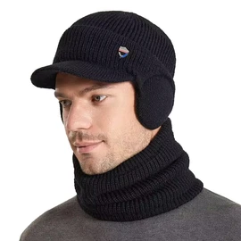Men Winter Visor Beanie Hat with Scarf Set Warm Earflaps Winter Outdoor Hat Fleece Lined Knitted Skull Ski Masck Hat Black