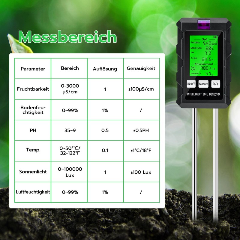Wigearss 6-in-1 Soil Meter pH Moisture Temperature Light Soil Tester