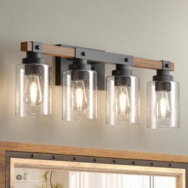 Amico Farmhouse Bathroom Vanity Light Fixtures,Rustic 4-Light Industrial Painted Wood Lights,Vintage Black Wall Sconces Bathroom Vanity Lighting with Bubble Glass Shade
