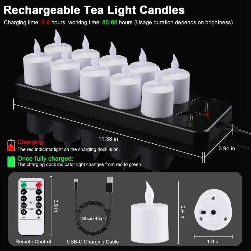 Esup Rechargeable Tea Lights Candles 12pcs Flameless Flickering Candles with