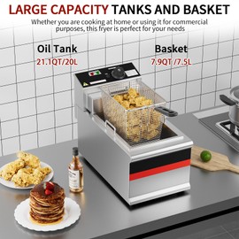 INIDEA 110V 3000W Commercial Electric Deep Fryer with Removable Baskets，Stainless Steel Countertop Kitchen Oil Fryer 21.1QT Large Capacity with Temperature Control for Restaurant and Home Use
