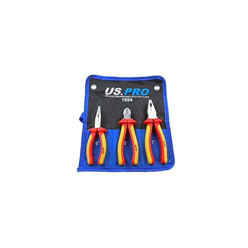 US PRO 3 Piece Electricians Insulated VDE Pliers & Cutter