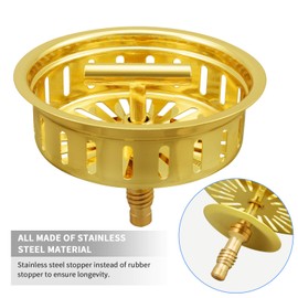 KONE 3-1/2 Inch Kitchen Sink Drain Assembly Stainless Steel Gold Kit with Strainer Basket/Rubber Stopper, Rustproof Durable Gold Finish Replacement for Standard Commercial Sink Drains
