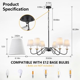 HAWYUEEB 6-Lights Chandelier with Shades, Modern Farmhouse Chandelier for Dining Room, 35.8" Large Black Chandelier Light Fixture, Adjustable Vintage Pendant Lighting for Living Hallway Bedroom Foyer