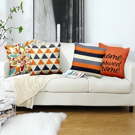 Aoihrraan 18 x 18 Inch Cushion Covers Sweet Home Orange Beige Geometric Pattern Square Soft Short Plush Throw Pillow Covers Home Decor For Living Room Sofa Outdoor Garden Couch Car, 45x45cm Set of 4